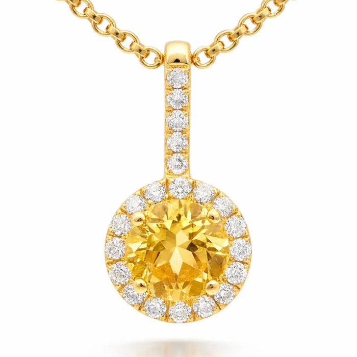 Natural Yelllow Citrine Silver Small Halo Pendant Necklace by Fine Color Jewels