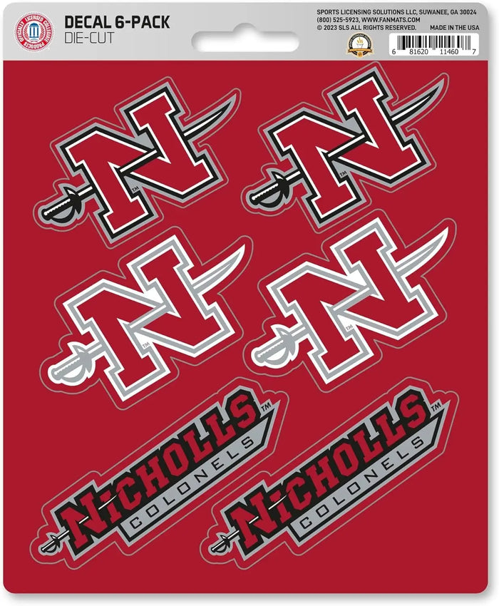 Nicholls State University Colonels 6-Piece Decal Sticker Set, 5x6 Inch Sheet, Gift for football fans for any hard surfaces around home, automotive, personal items by Fielders Choice