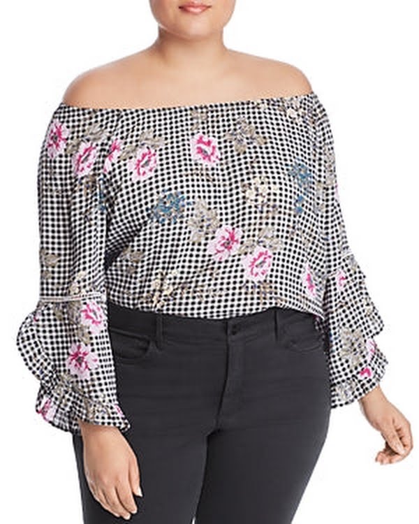 Single Thread Womens Plaid Floral Blouse, Peach Echo Picnic Flowers, Size 2X by Vanessa Jane