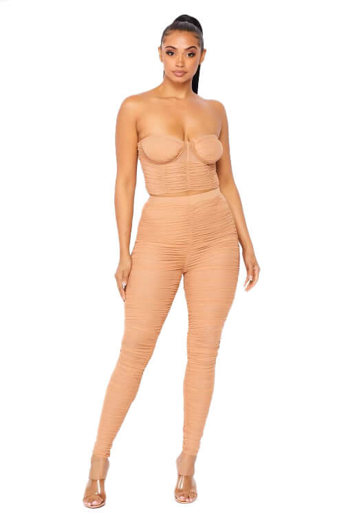 See Thru 2 PC Ruched Sweetheart Top with Matching Pants by The House of Stylez