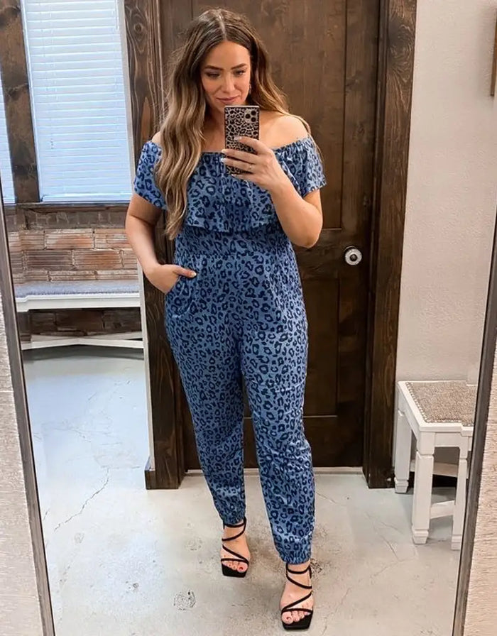 Off Shoulder Short Sleeve Leopard Jumpsuit by Boutique 23
