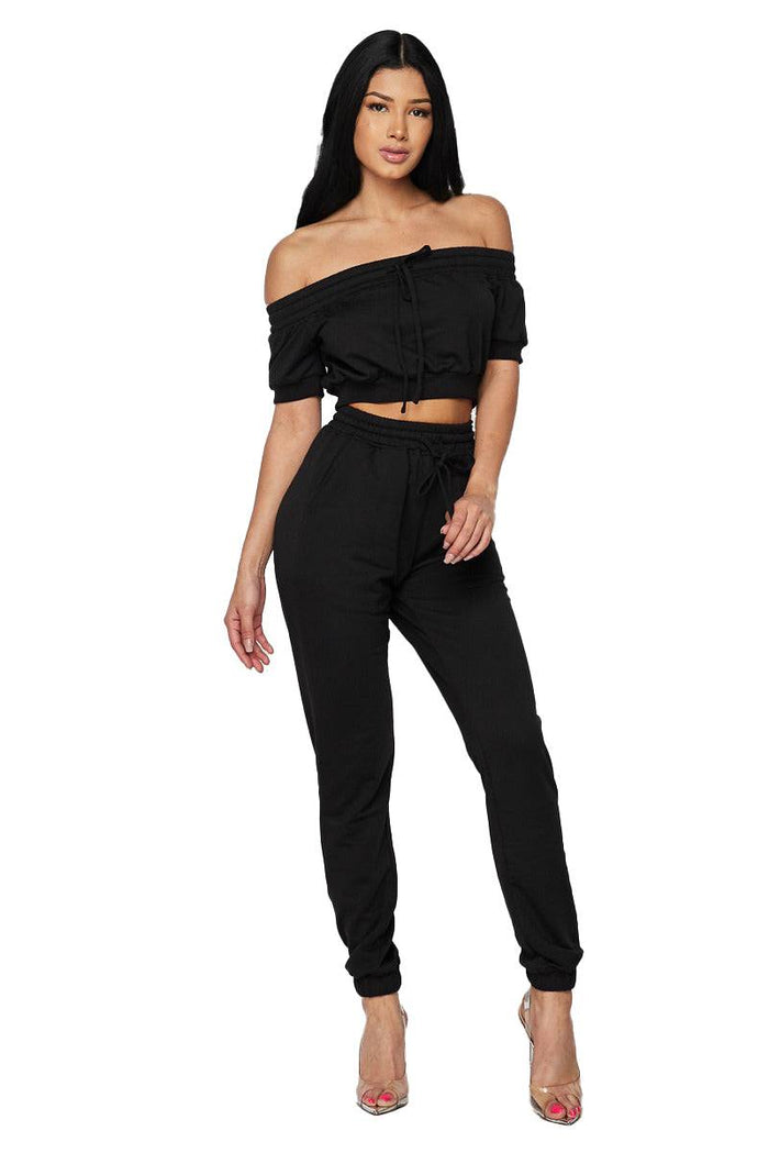 2 PC Off The Shoulder Sweat Suit - Black by The House of Stylez