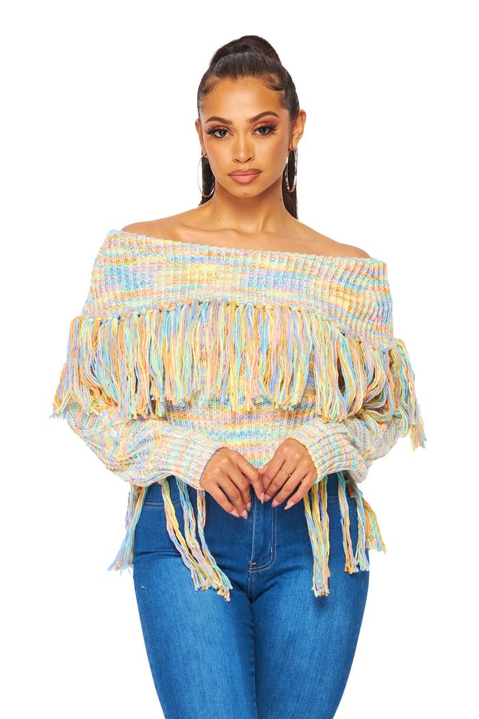 Multi Color Off the Shoulder Fringe Long Sleeve Sweater by The House of Stylez