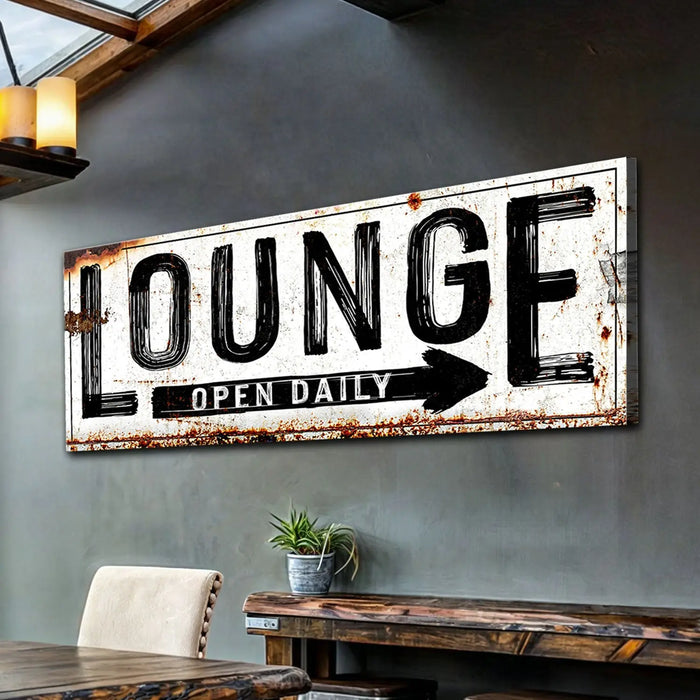 Open Daily Lounge Rustic Sign by Tailored Canvases