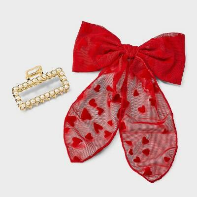 A New Day™ Pearl Hair Claw Clip Heart Bow Set 2pc Red Gold by Deal US