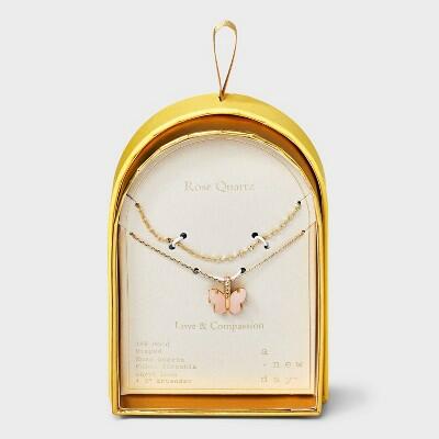 A New Day™ 14K Gold Dipped Cubic Zirconia Rose Quartz Butterfly Pendant Necklace by Deal US