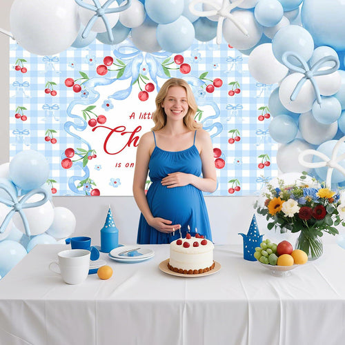 MEHOFOND Blue Cherry Bow Baby Shower Decor Banner Backdrop Balloon Set by Deal US