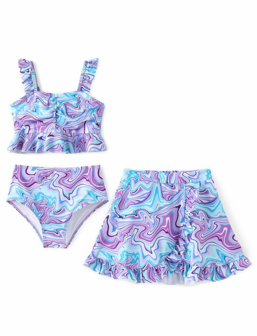 PATPAT Girls 3pcs Swimsuit Set Floral Bikini w/ Cover Up Skirt 7-8Y Blue by Deal US