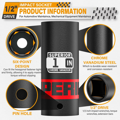 Aiourx 1/2" Drive Impact Socket 1" Deep 6 Point CR-V SAE for Car Repair by Deal US