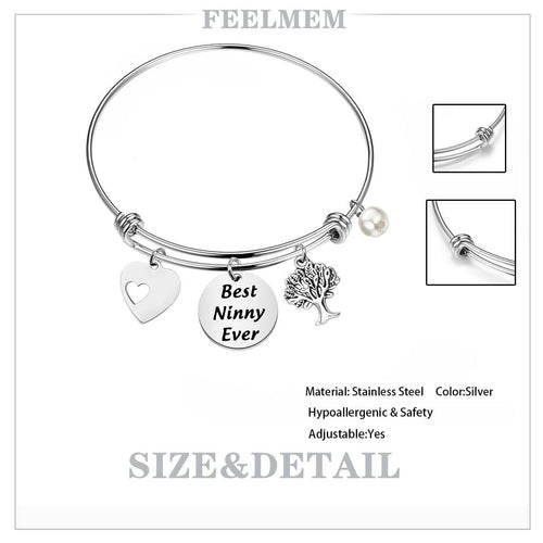 FEELMEM Best Ninny Ever Family Tree Bracelet Stainless Steel Box Chain by Deal US