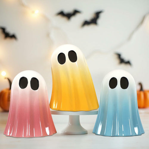 DAZONGE Halloween Ceramic Ghost Figurines Set of 3 Pink Yellow Blue Indoor by Deal US
