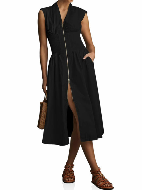 Wenrine Womens Summer Smocked Midi Dress V Neck Cap Sleeve Black by Deal US