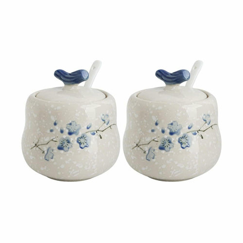 YMYL Ceramic Sugar Bowl Set 2 Blue Floral 13.5oz with Lid & Spoon Retro by Deal US