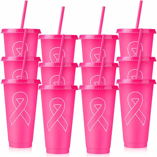 Bokon 24oz Breast Cancer Awareness Pink Tumblers with Straws 12 Pack by Deal US