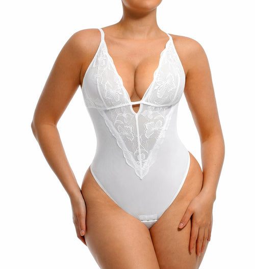 FeelinGirl Shapewear Tummy Control Lace Bodysuit V Neck Low Back White Size S by Deal US