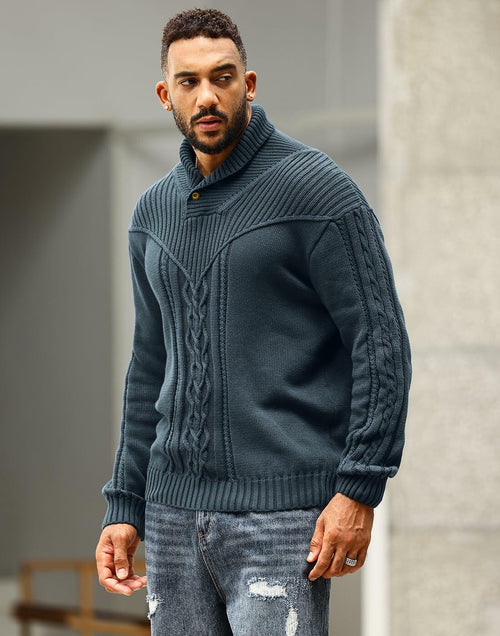 SAVKOOV Men's Shawl Collar Cable Knit Pullover Sweater Deep Gray Size 3X-Large by Deal US