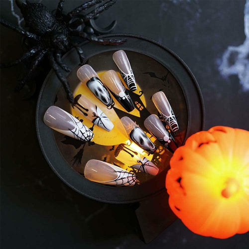 HPYFOI Halloween Press On Nails Long Coffin Black White Ghostface 24Pcs by Deal US