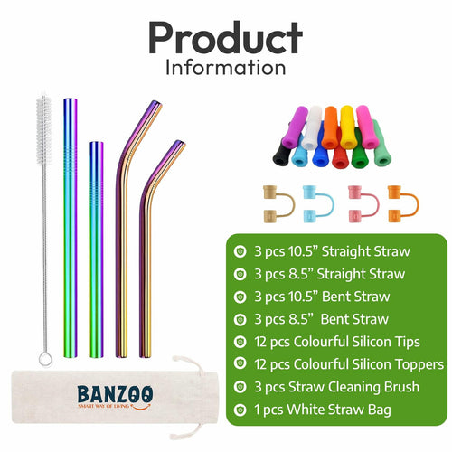 Reusable Stainless Steel Drinking Straws Rainbow 10.5" & 8.5" with Tips Case by Deal US