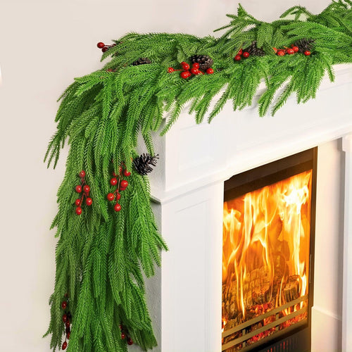 COAZEX 6FT Norfolk Pine Garland Real Touch Greenery with LED Lights Gold Ribbon by Deal US