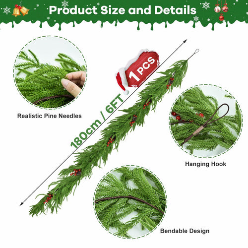 COAZEX 6FT Norfolk Pine Garland Real Touch Greenery with LED Lights Gold Ribbon by Deal US