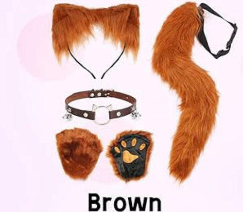 MOAMDAUT 4 Pcs Brown Cat Therian Faux Fur Mask Tail Set Women Halloween by Deal US