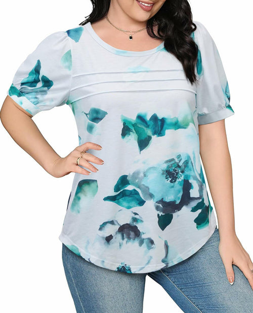 Uhiger Womens Summer Pleated Puff Sleeve Top Crewneck Blue Flower Size 2XL by Deal US