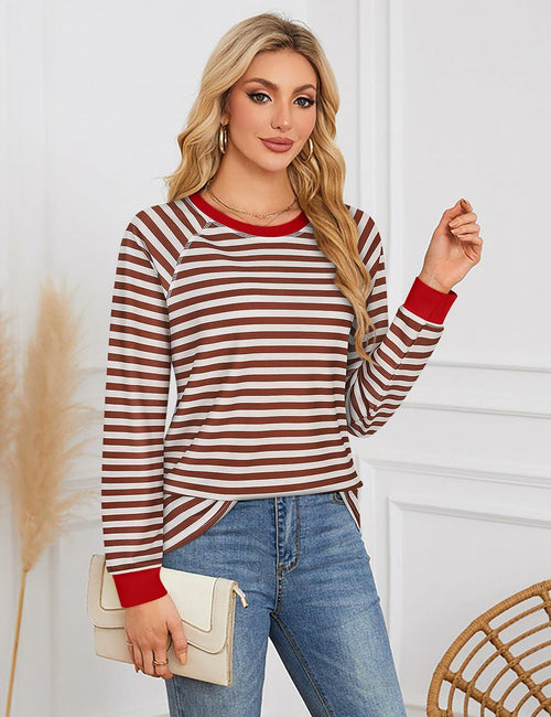 Misyula Style Plus Size Striped Color Block Sweatshirt Red Brown Size XL by Deal US