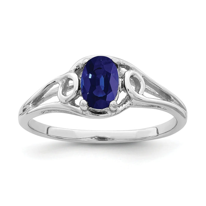 Oval Blue Sapphire Prong 14K White Gold Solitaire Swirl Band Ring by Fine Color Jewels