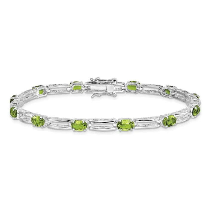 Oval Green Peridot Prong Rhodium Plated Sterling Silver Bar Link Bracelet by Fine Color Jewels