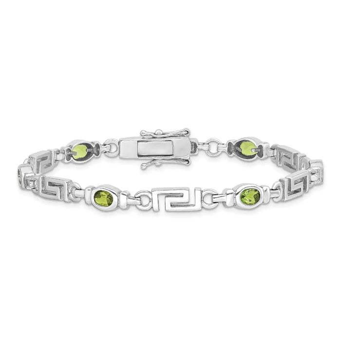 Oval Olive Green Peridot Bezel Sterling Silver Greek Key Link Bracelet by Fine Color Jewels