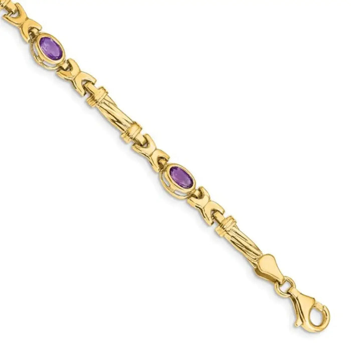 Oval Purple Amethyst Bezel 10K Yellow Gold Fancy Link Bracelet by Fine Color Jewels
