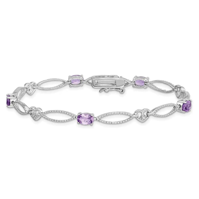 Oval Purple Amethyst & Diamond Prong Sterling Silver Heart Link Bracelet by Fine Color Jewels