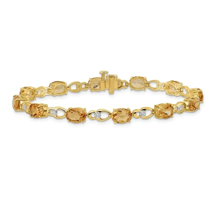 Oval Yellow Citrine & Diamond Prong 14K Yellow Gold Link Bracelet by Fine Color Jewels