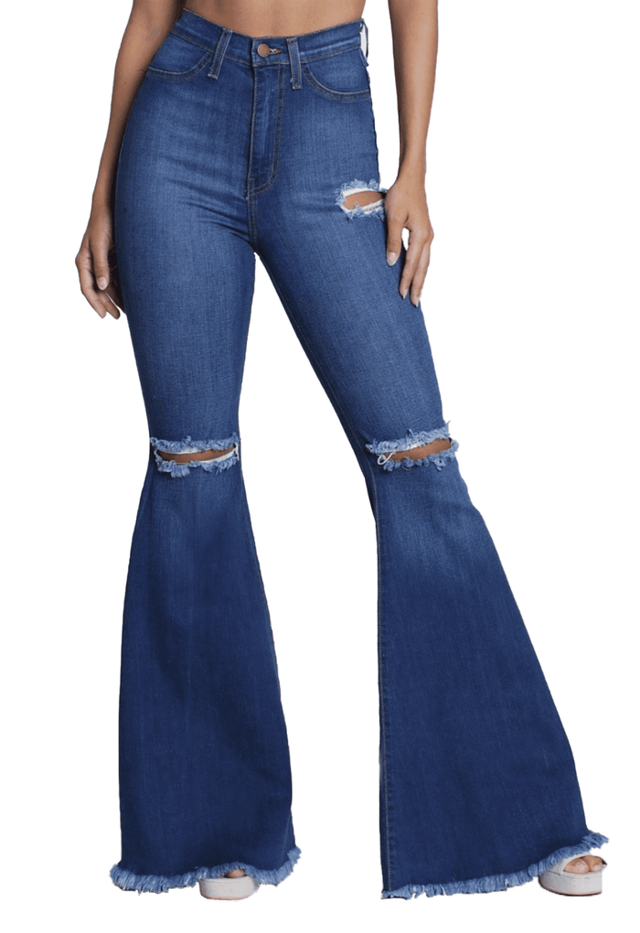 {P1755} Blue Denim Distressed Flare Leg Jeans by The House of Stylez
