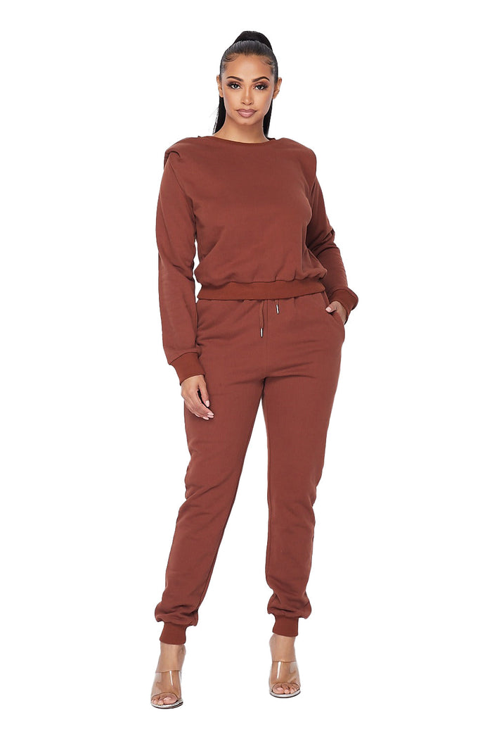 Padded Shoulder Jogging Suit -Chocolate by The House of Stylez