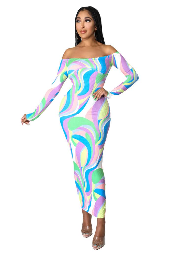 Multi Color Ribbed Long Sleeve Back Out Dress by The House of Stylez