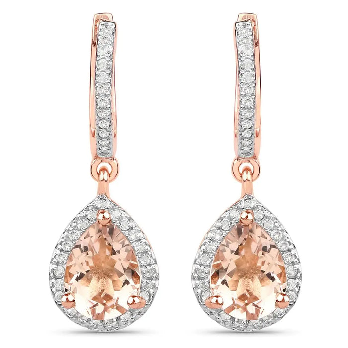 Pear Pink Morganite Prong Rose Gold Plated Silver Teardrop Dangle Earrings by Fine Color Jewels
