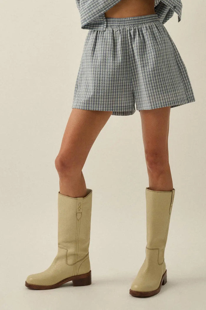 Plaid Textured Seersucker Wide-Leg Pocket Shorts: Chambray by Boutique 23