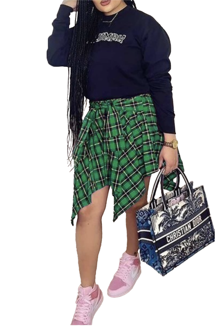 Plaid Flannel Faux Sleeve Belt Skirt by The House of Stylez