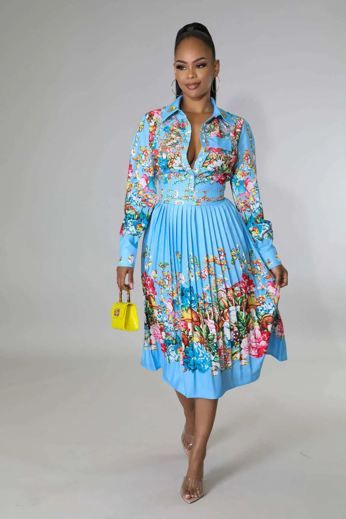 Pleated Print Long Sleeve Mid-Calf Lapel Standard-Waist Pullover Dress by Fasheabe