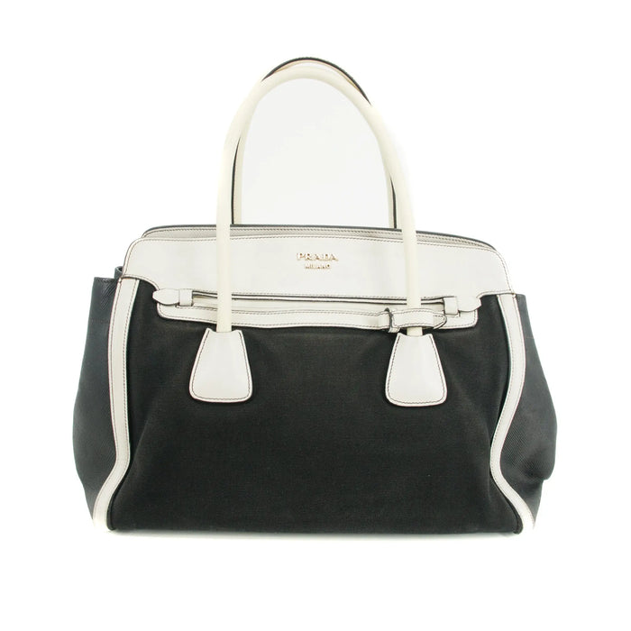 Prada Bicolor Black x White Trimmed Cuir Canapa Tote Bag #3308 by Bolt Boutique