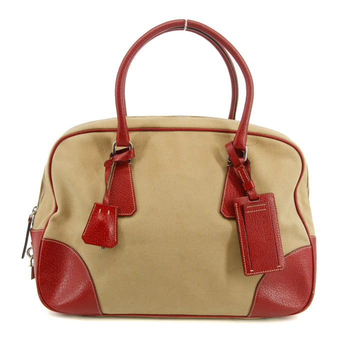 Prada Cinghiale Trimmed Canapa Handbag Beige / Red #2850 by Bolt Boutique