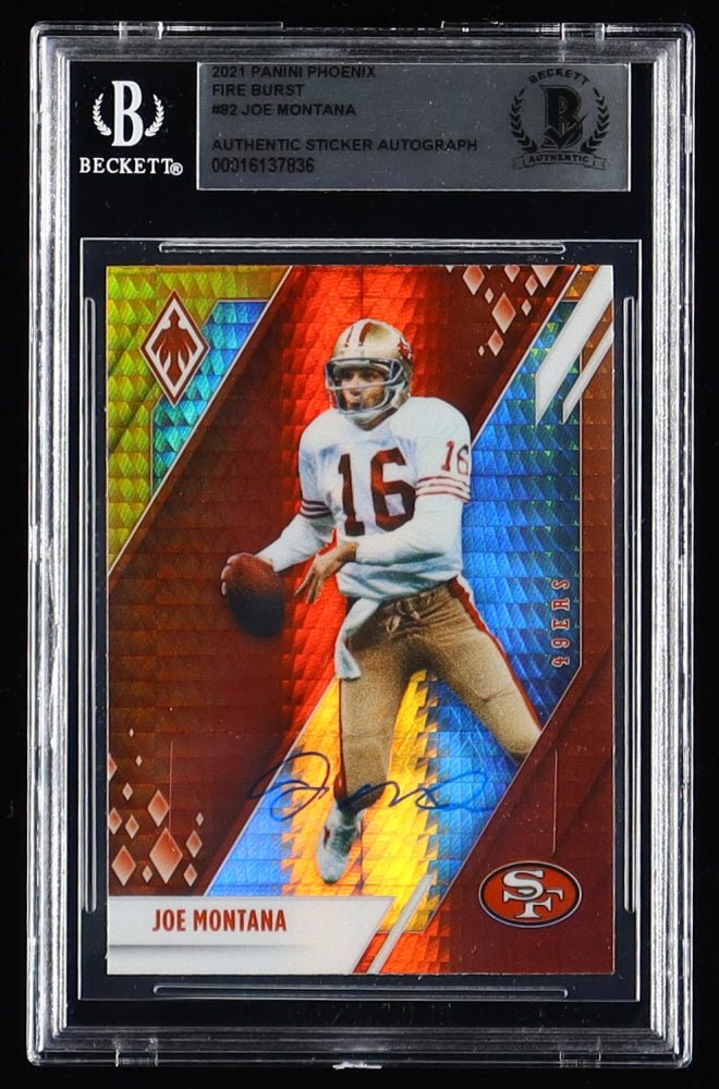 Joe Montana Signed 2021 Panini Phoenix #82 Fire Burst (Beckett) by Price Is Right Miami