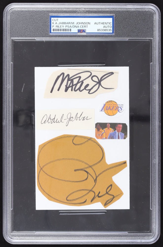 Kareem Abdul-Jabbar, Magic Johnson & Pat Riley Signed Showtime Lakers 4x6 (3) Cut Collage (PSA) by Price Is Right Miami