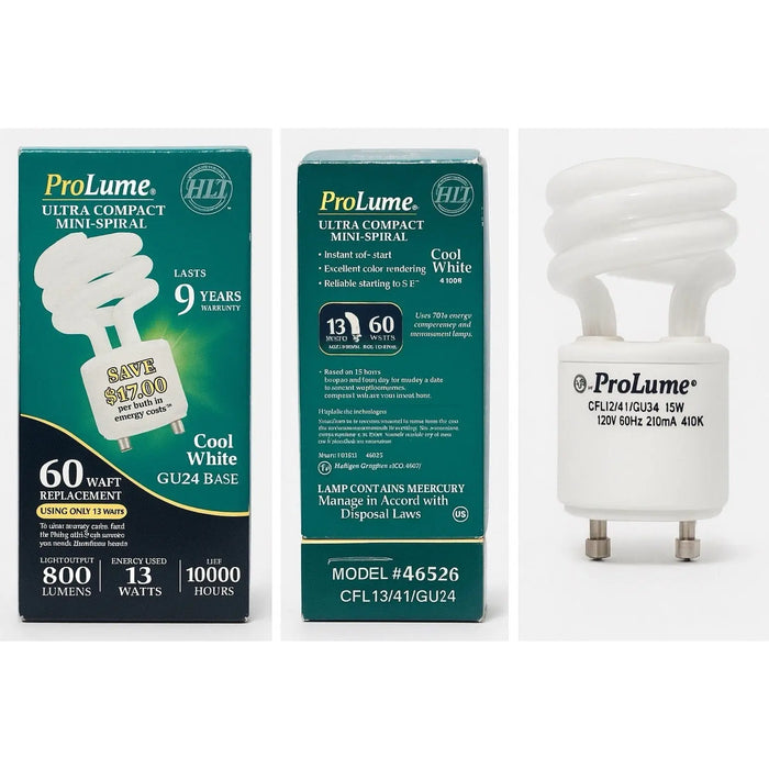 ProLume Ultra Compact Mini-Spiral CFL Bulb 13W = 60W Cool White 10000 HGU24 Base by Price Is Right Miami