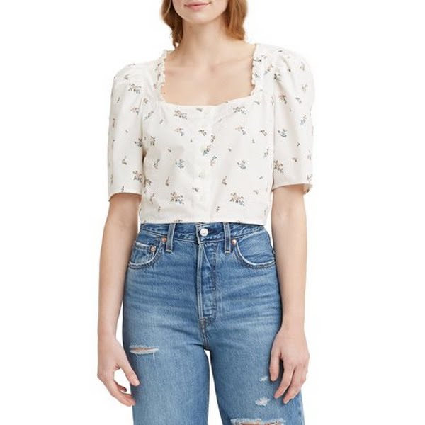 Levis Womens Ruffled Crop-Hem Elbow-Puff-Sleeves Printed Blouse by Vanessa Jane