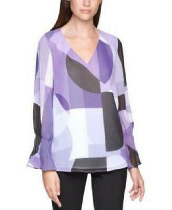 Calvin Klein Pleated-Sleeve Abstract-Print Top, Size Small by Vanessa Jane