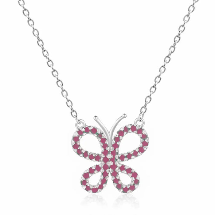 Red Ruby Butterfly Rhodium Plated Silver Necklace by Fine Color Jewels