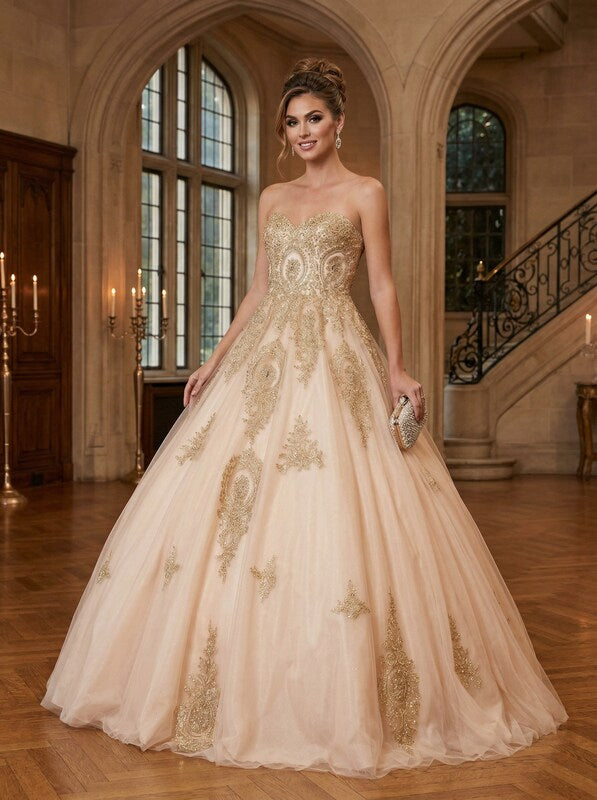 Dancing Queen Juniors Rhinestone Appliqué Gown, XL/Blush by Vanessa Jane