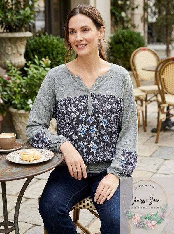 Style and Co. Womens Floral Print Smocked Henley Top,Size Medium by Vanessa Jane